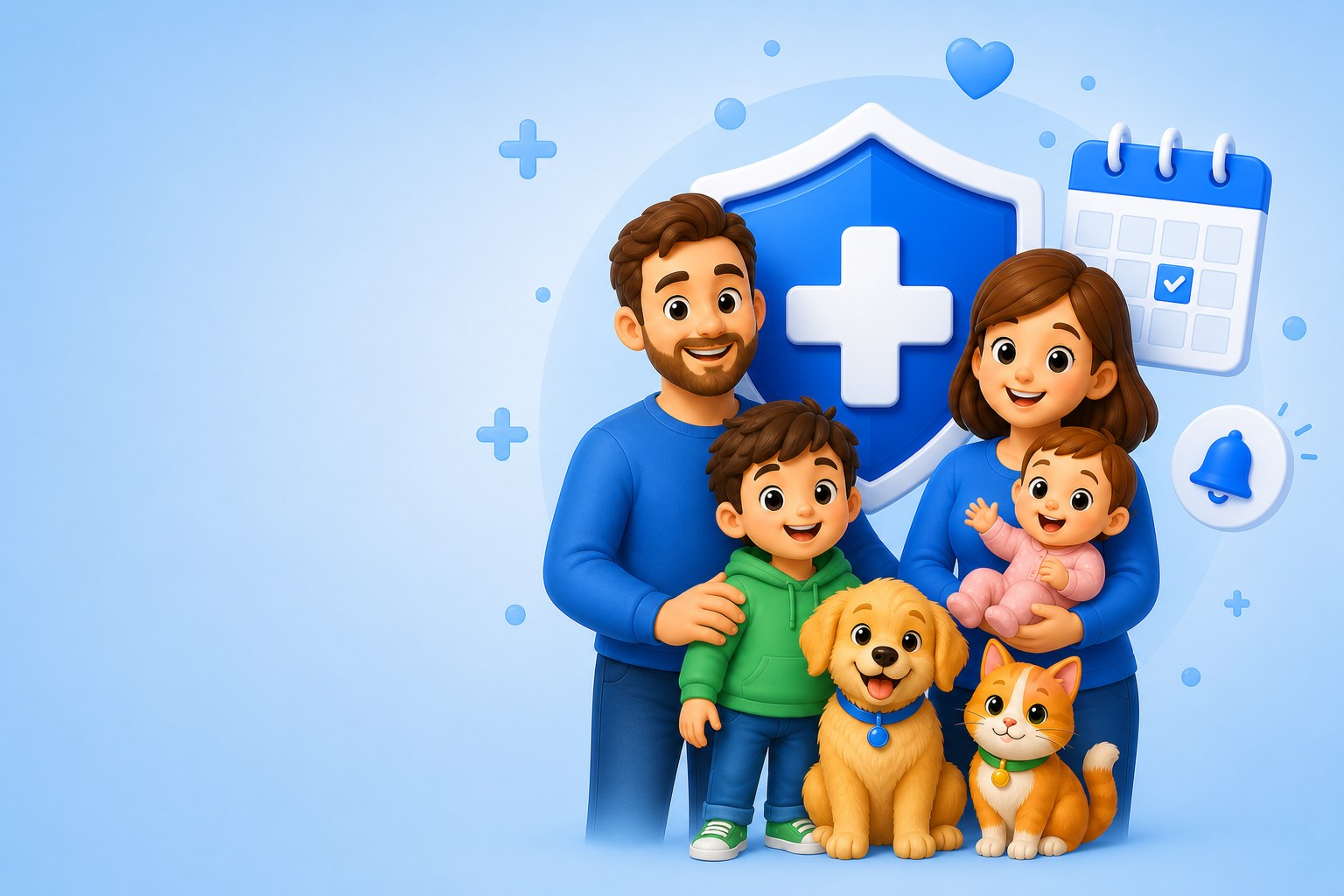 A family with a child, baby, dog, and cat protected by one vaccination calendar