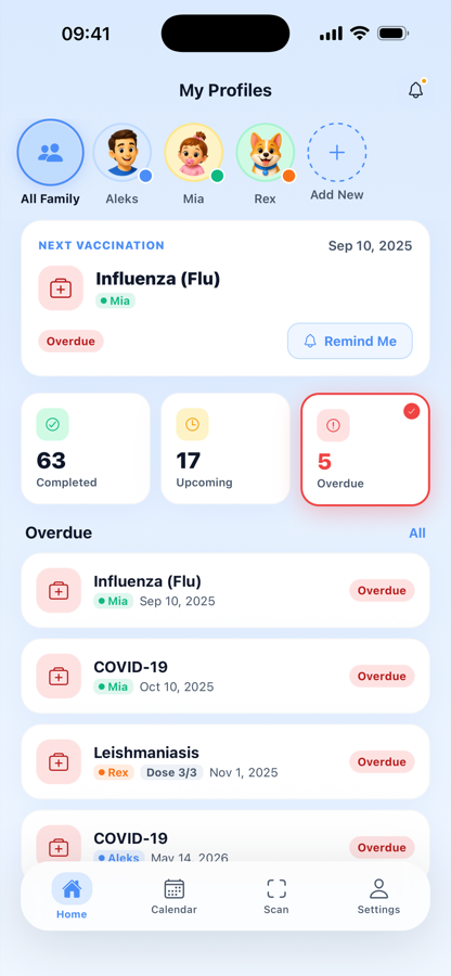 Home screen showing the next vaccination and upcoming and overdue doses