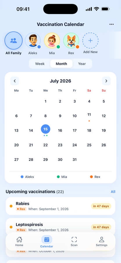 Calendar view of the whole family's vaccination schedule by month
