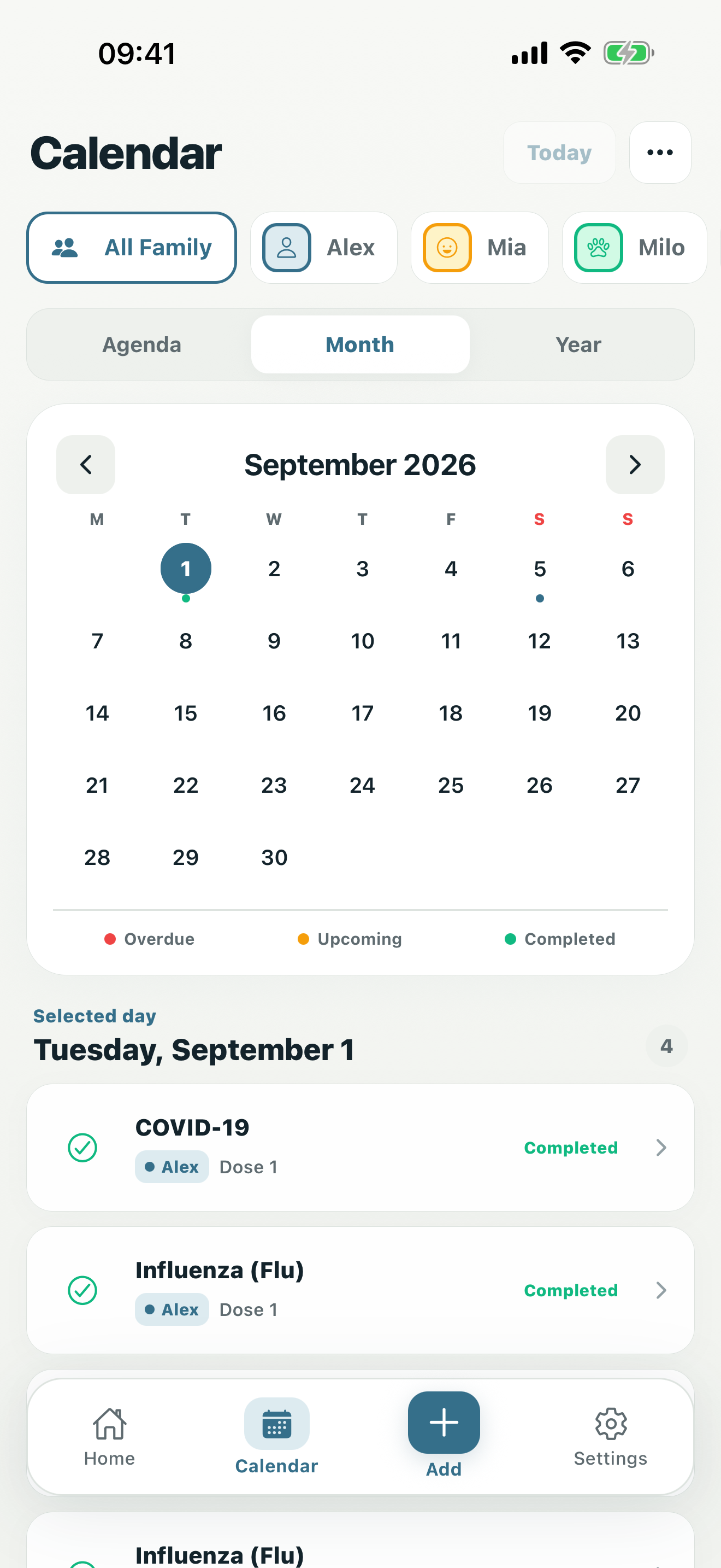 Agenda view ordering the whole family's overdue and upcoming vaccinations