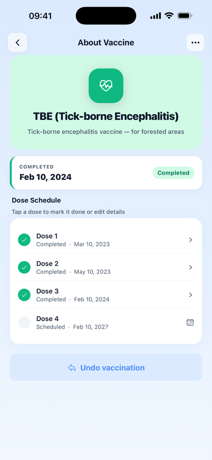 Vaccine detail screen showing dose schedule and completion history
