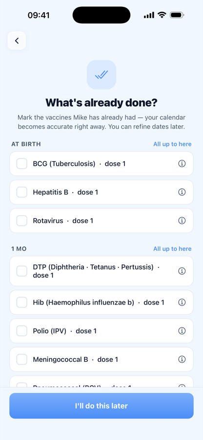 History catch-up screen for quickly marking past vaccinations as done