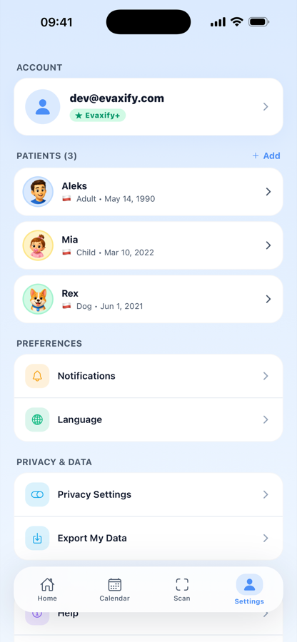 Settings screen listing family profiles and account preferences