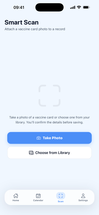 Smart Scan screen for attaching a vaccine card photo to a record
