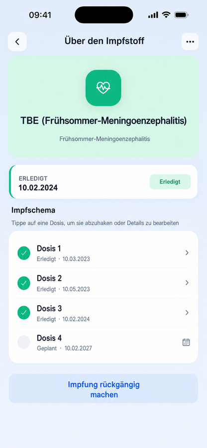 Impfstoff-Detailbildschirm mit Dosisplan und Erledigungshistorie