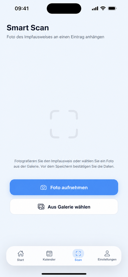 Smart-Scan-Bildschirm zum Anhängen eines Impfausweis-Fotos an einen Eintrag