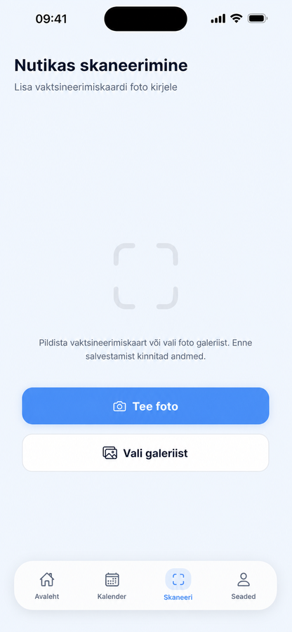 Smart Scan ekraan vaktsineerimistõendi foto lisamiseks kirjele