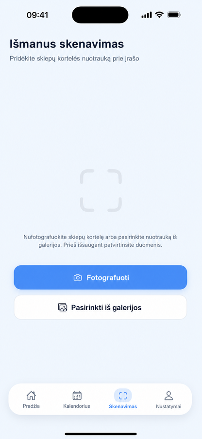 Smart Scan ekranas, skirtas pridėti skiepijimo pažymėjimo nuotrauką prie įrašo