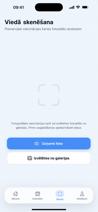 Smart Scan ekrāns, lai pievienotu vakcinācijas apliecības fotogrāfiju ierakstam