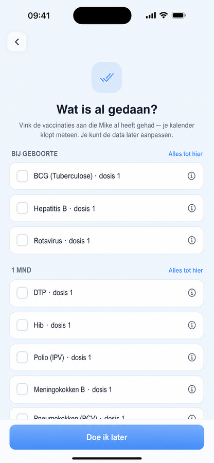 Scherm voor het aanvullen van geschiedenis om eerdere vaccinaties snel als voltooid te markeren