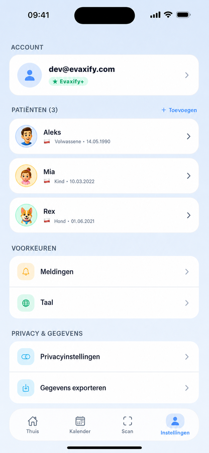 Instellingenscherm met gezinsprofielen en accountvoorkeuren
