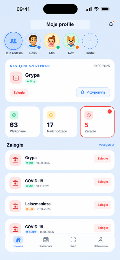 Ekran główny pokazujący najbliższe szczepienie oraz nadchodzące i zaległe dawki