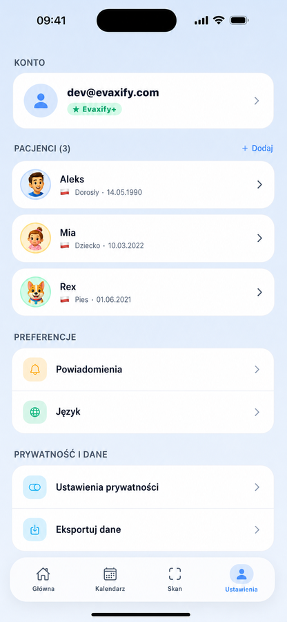 Ekran ustawień z listą profili rodziny i preferencjami konta