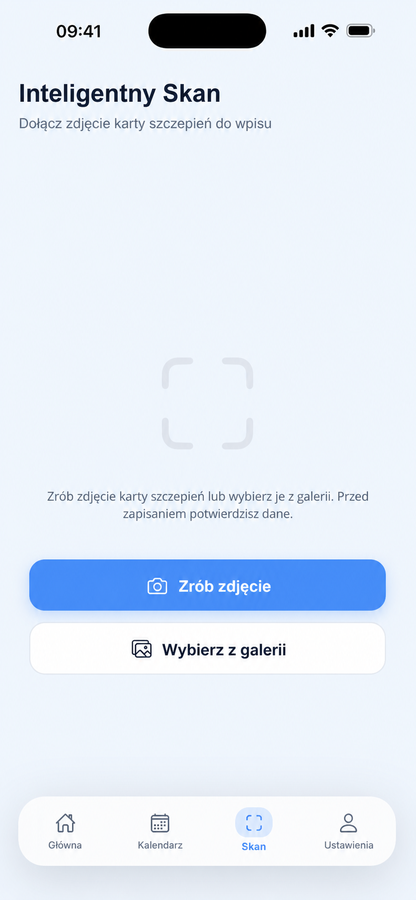 Ekran Smart Scan do dołączania zdjęcia karty szczepień do zapisu